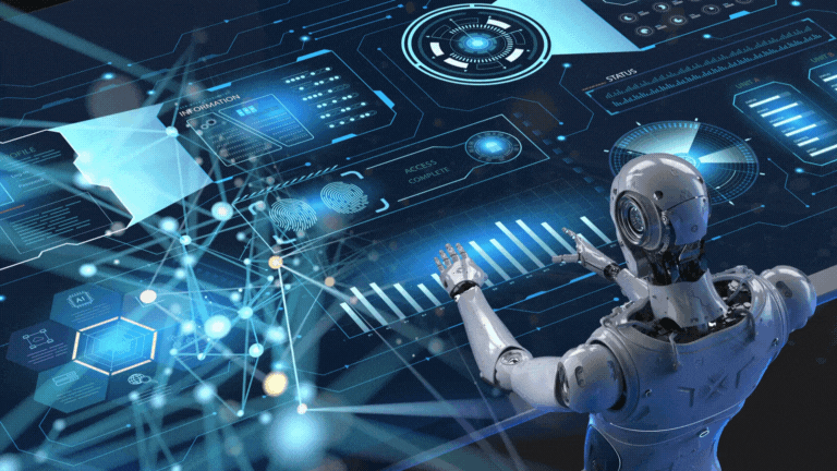 AI Robot working on holographic interface